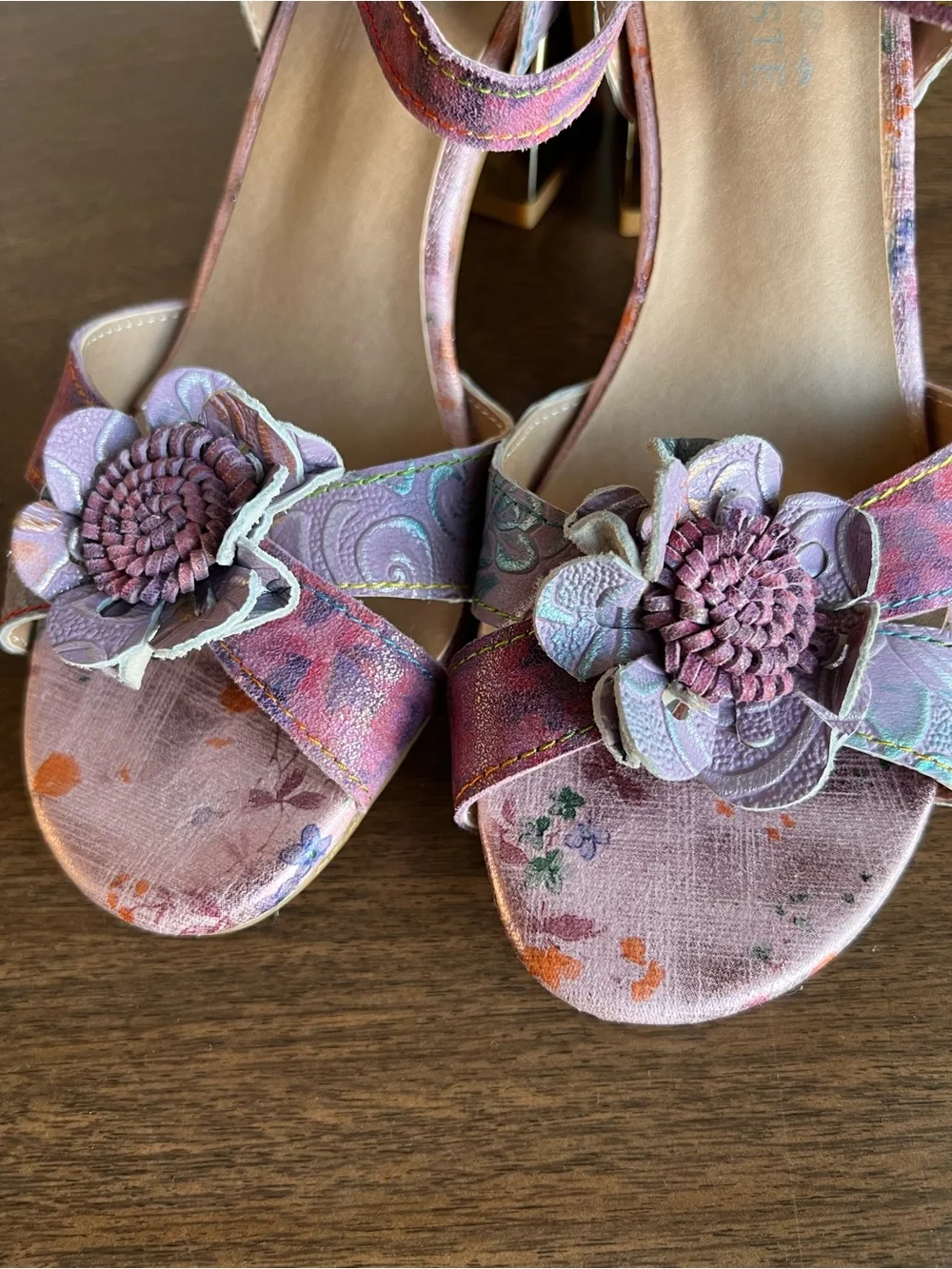 L’Artiste Spring Step Difi Floral Leather Block Heel Sandal Lilac EU 40 US 9/9.5